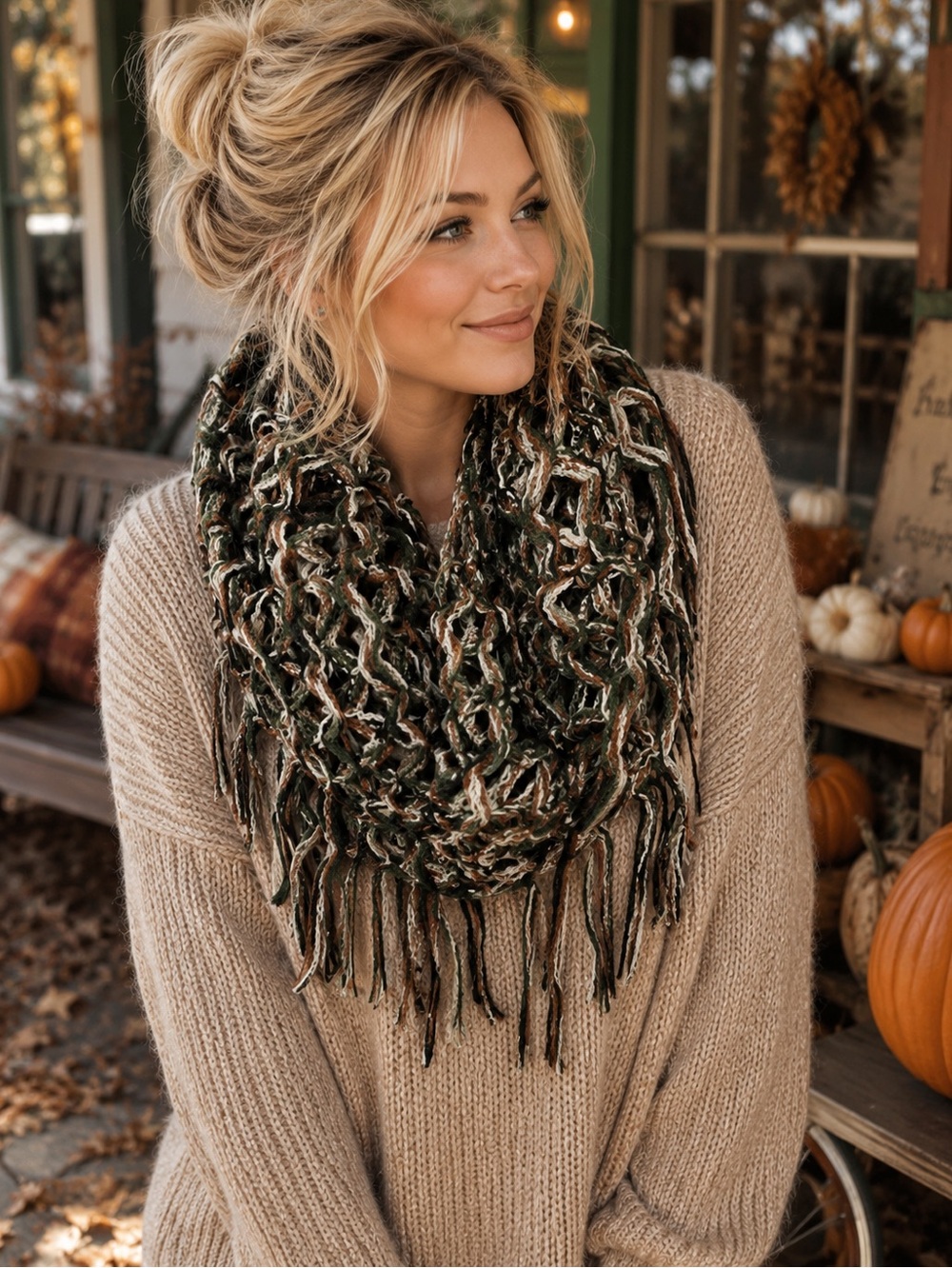 Steve Madden Boho Infinity Fringe Scarf Earth Tone Cozy
Cabincore Open Knit OS